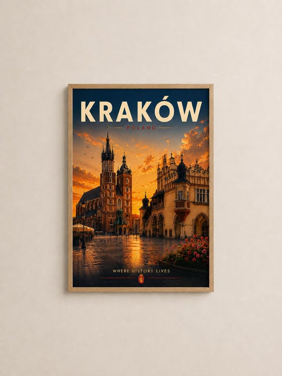 Krakw Travel Poster Poland Cityscape Print Vintage European Wall Art