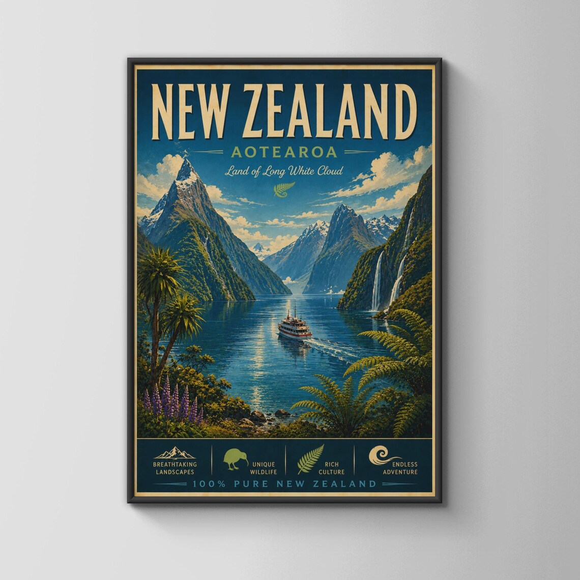 New Zealand Aotearoa Poster Milford Sound Vintage Travel Landscapes Art