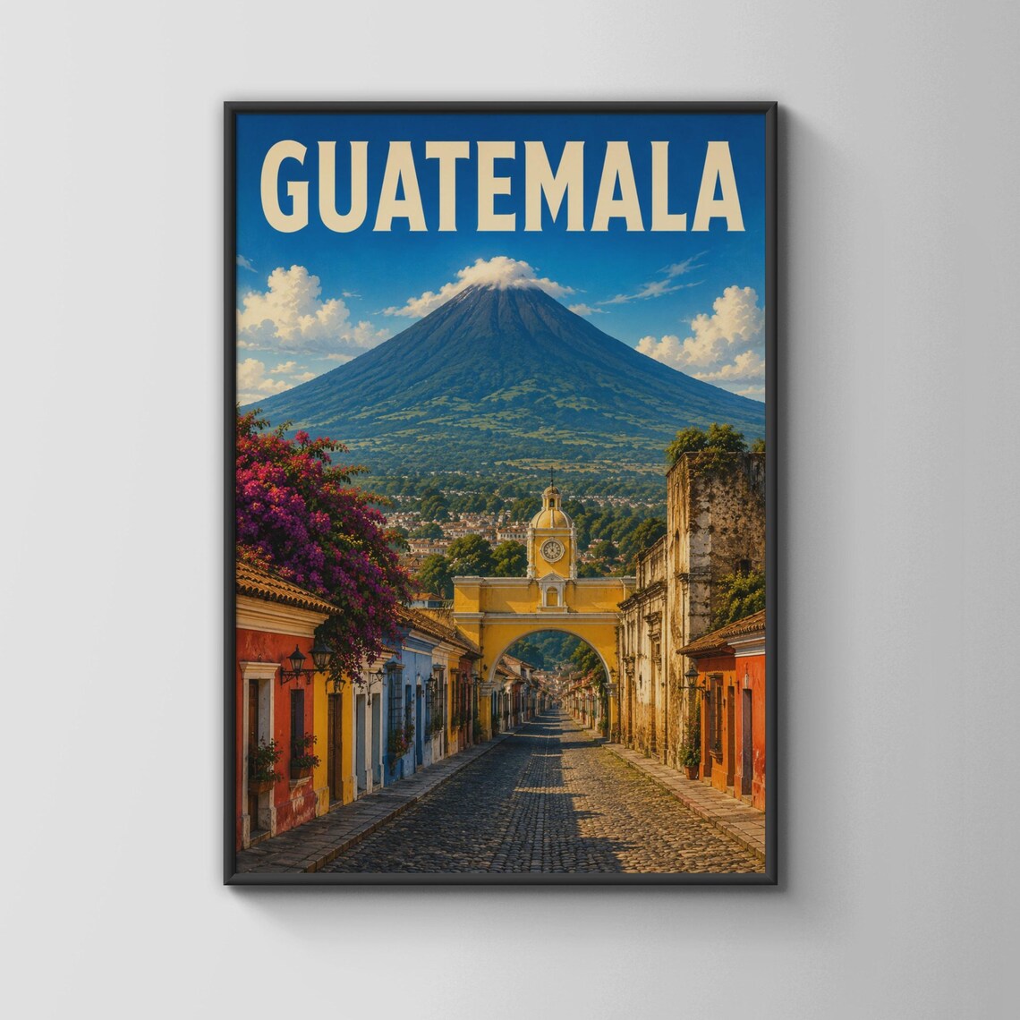 Guatemala Travel Poster, Antigua Arch Volcano