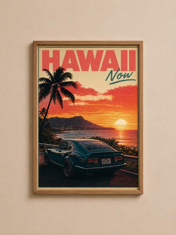 Hawaii Travel Poster Retro Sunset Beach Print Classic Jdm Car Coastal Decor