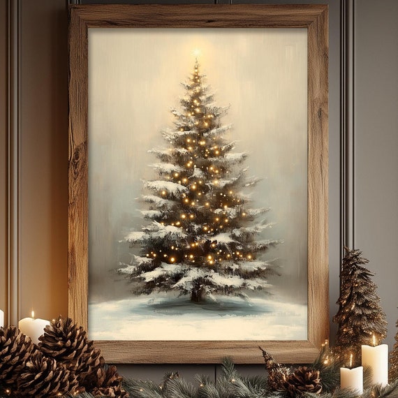 Vintage Christmas Tree Art Print, Cottagecore Farmhouse