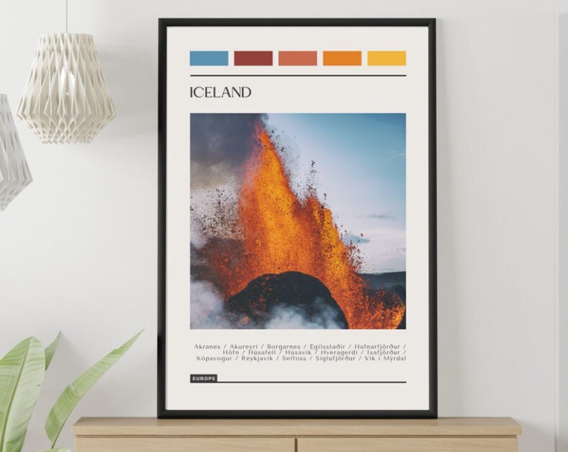 Iceland Volcano Eruption Lava Modern Travel Poster Color Palette