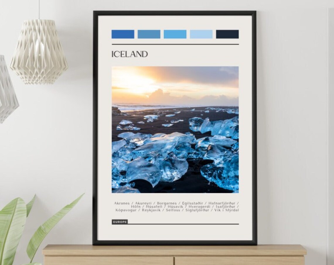Iceland Black Sand Ice Beach Sunrise Travel Poster Color Palette