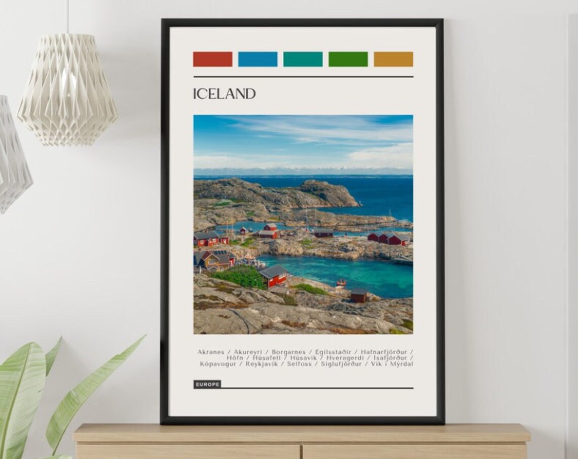 Iceland Red Cabins Rocky Seaside Coast Travel Poster Color Palette