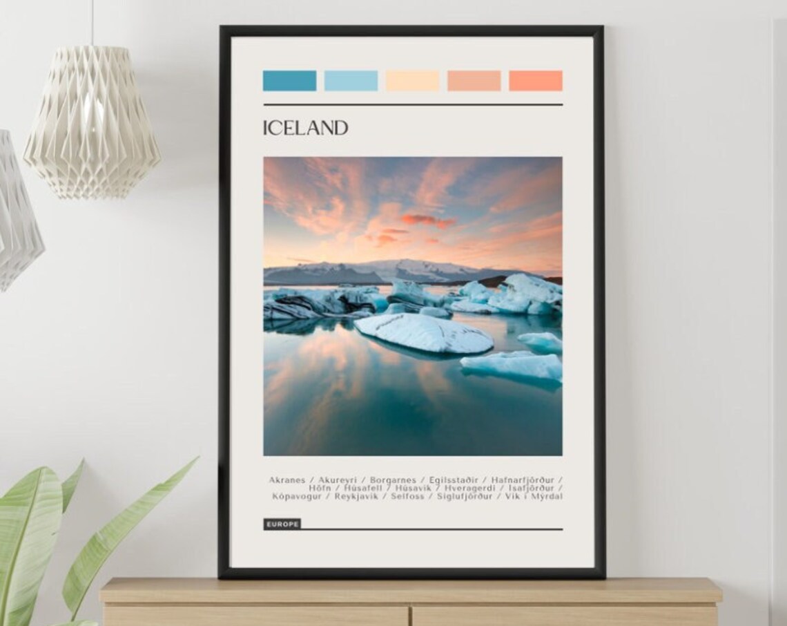 Iceland Glacier Lagoon Sunset Travel Poster Color Palette Style