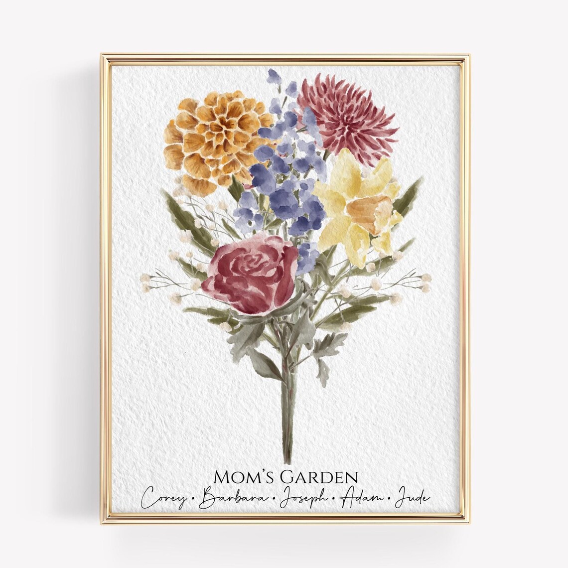 Family Birth Flower Bouquet, Watercolor Custom Gift