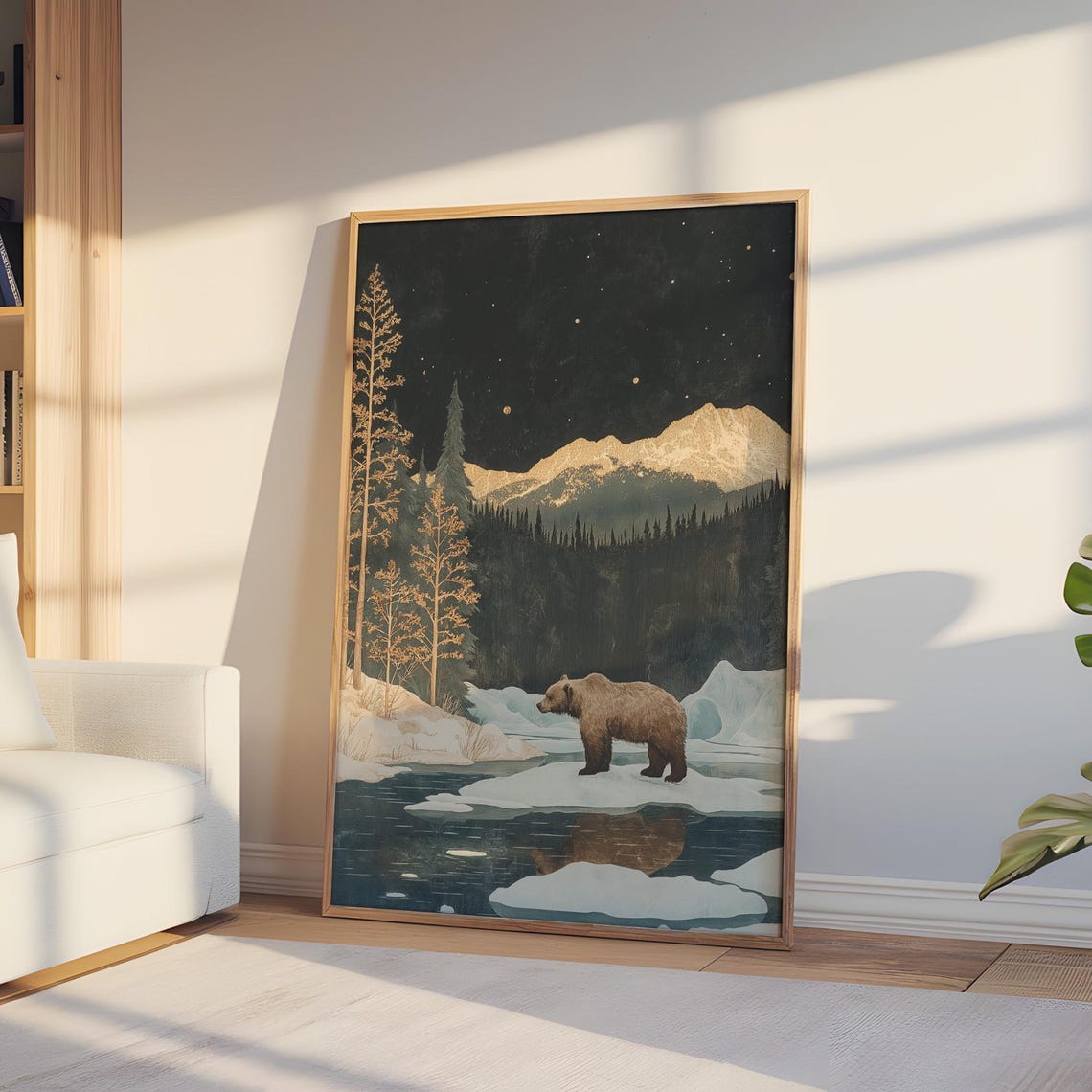 Brown Bear Winter Forest Snowy Mountain Night Landscape Scene Poster
