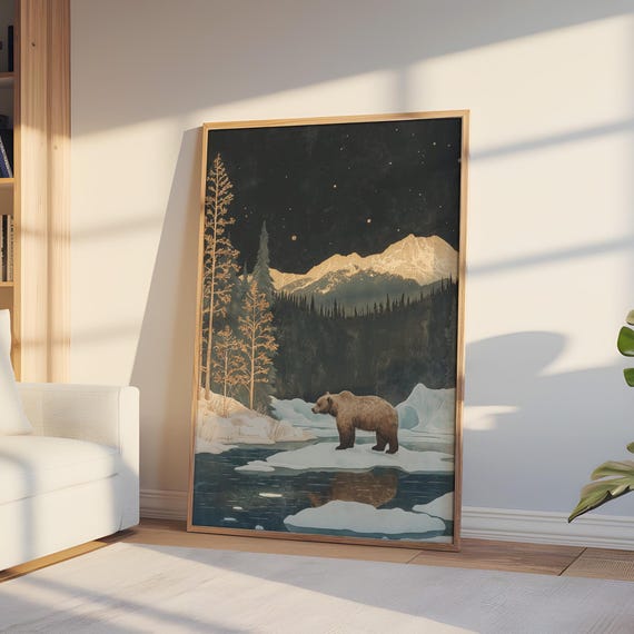 Bear In Winter Forest Print Snowy Mountain Landscape Wall Art Night Sky Nature Scene Wildlife Poster Instant