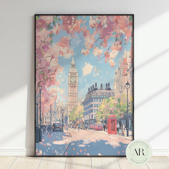 London Big Ben Cherry Blossom Street Scene UK Cityscape Oil Painting Poster