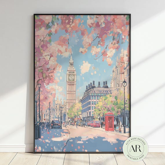 London Big Ben Print Cherry Blossom Art Uk Cityscape Street Scene Spring Wall Decor Travel Poster Wander