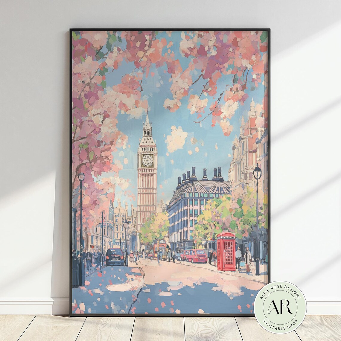 London Big Ben Cherry Blossom Street Scene UK Cityscape Oil Painting Poster