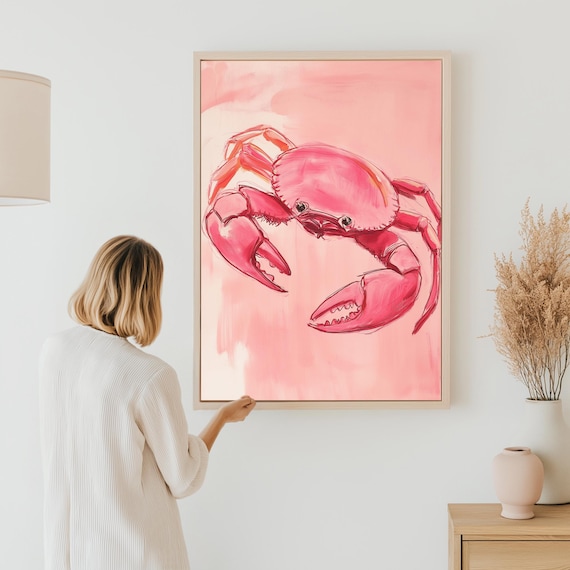 Pink Crab Wall Art Pastel Coastal Beachthemed Trendy Ocean Decor For Apartment