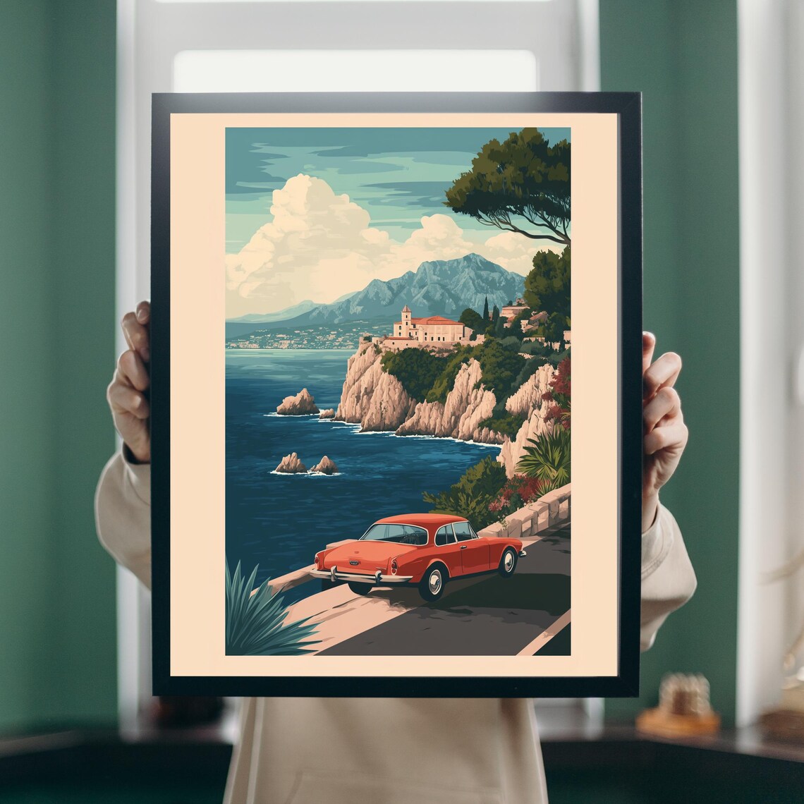Vintage Red Car Coastal Cliff Road Retro Travel Style Wall Art