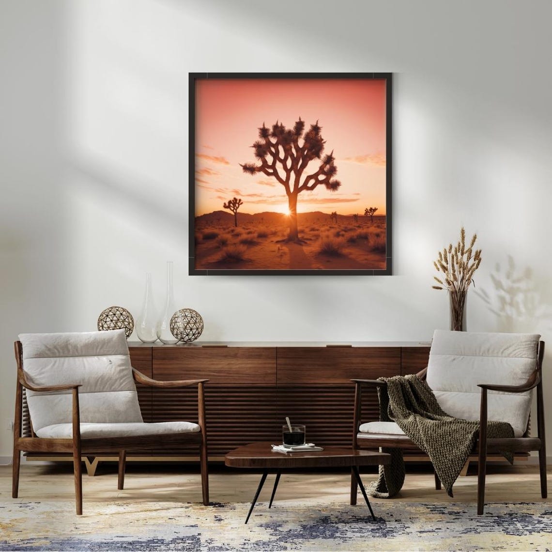 Lone Joshua Tree At Sunset With Glowing Orange Desert Sky Poster