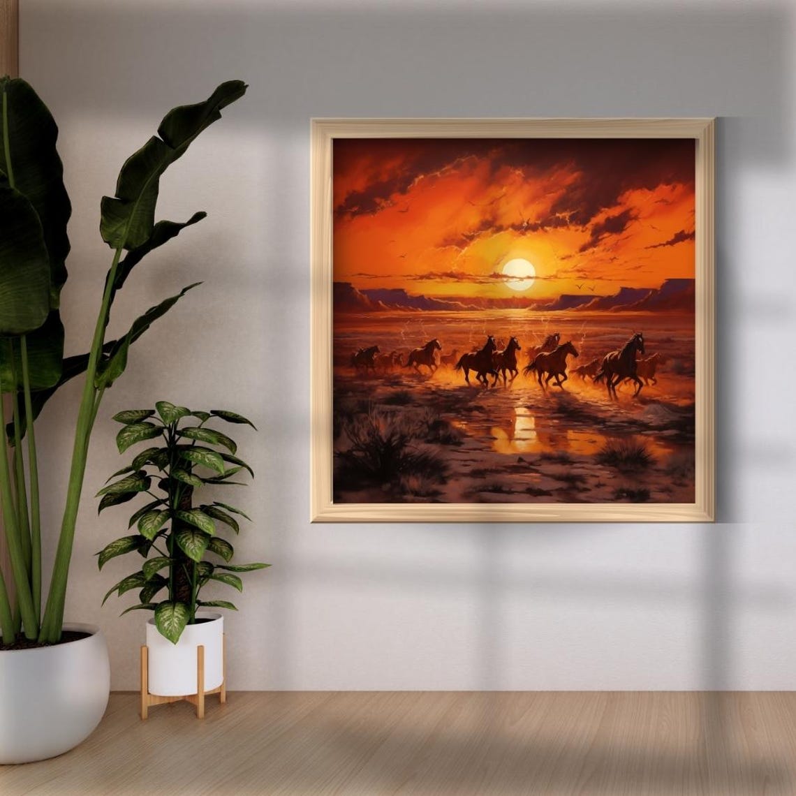 Wild Horse Herd Running At Sunset Across Glowing Desert Water Poster