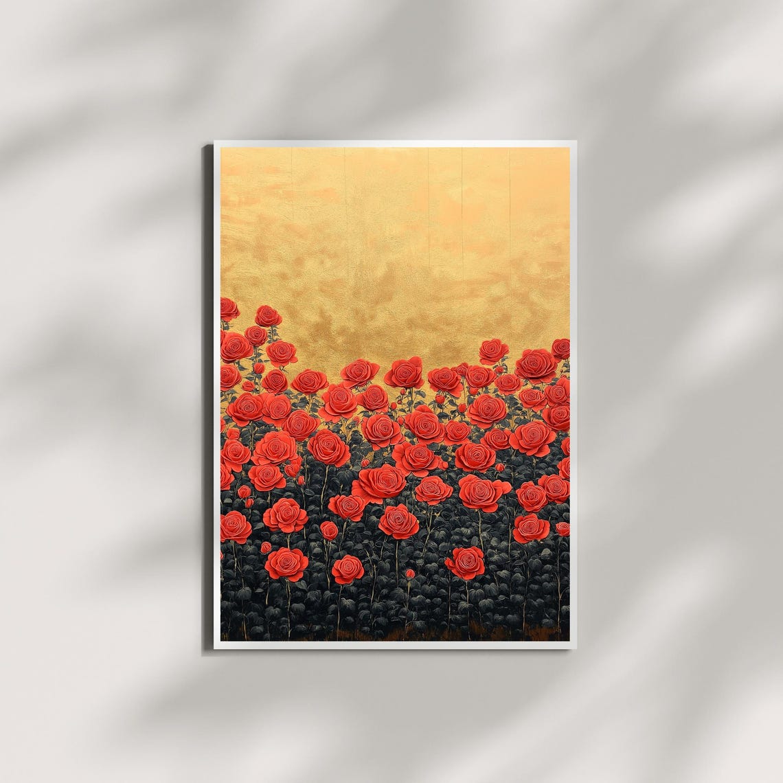 Red Roses Field Gold Background Elegant Floral Decor Wall Art
