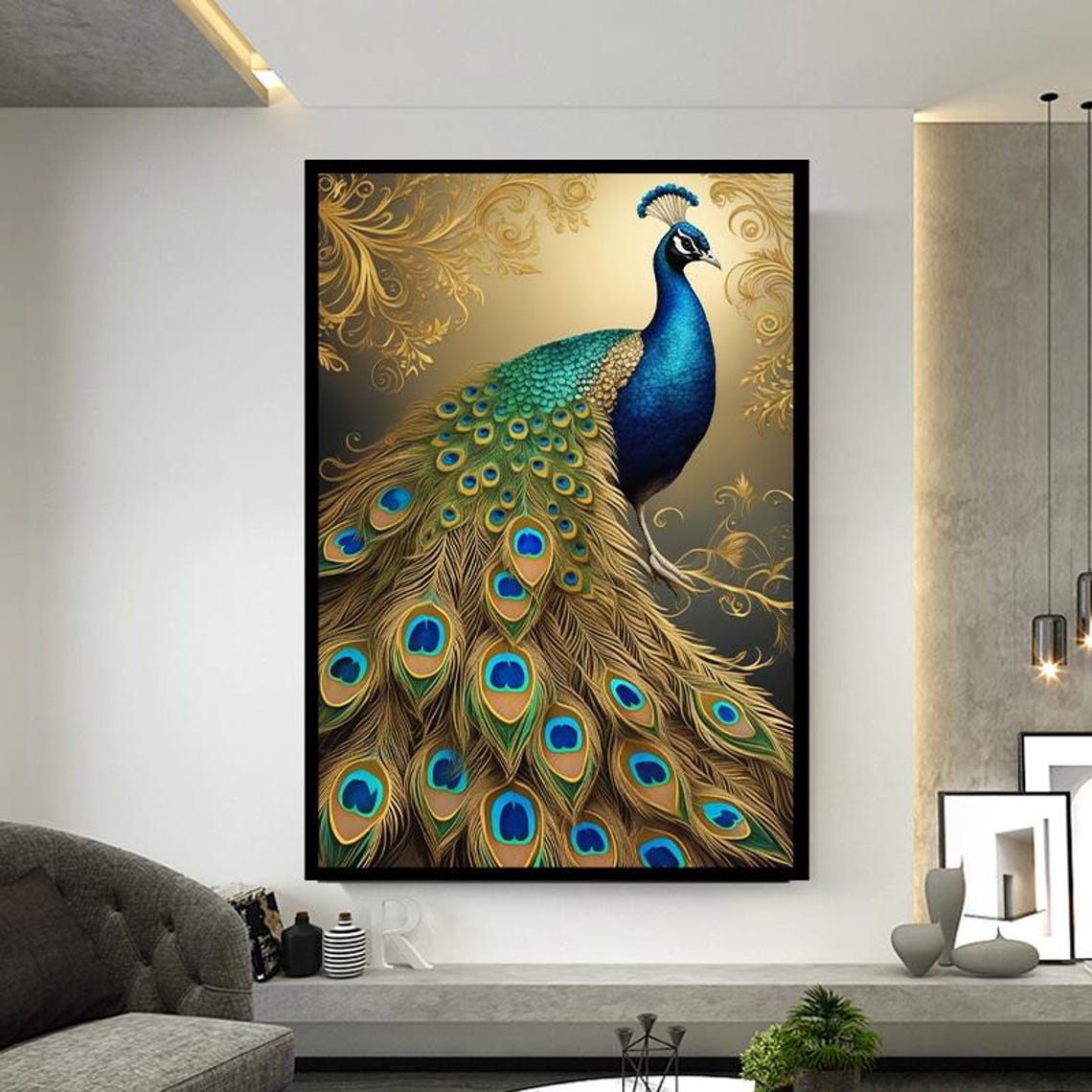 Golden Peacock On Ornate Gold Filigree Background Luxury Bird Poster - Image 2
