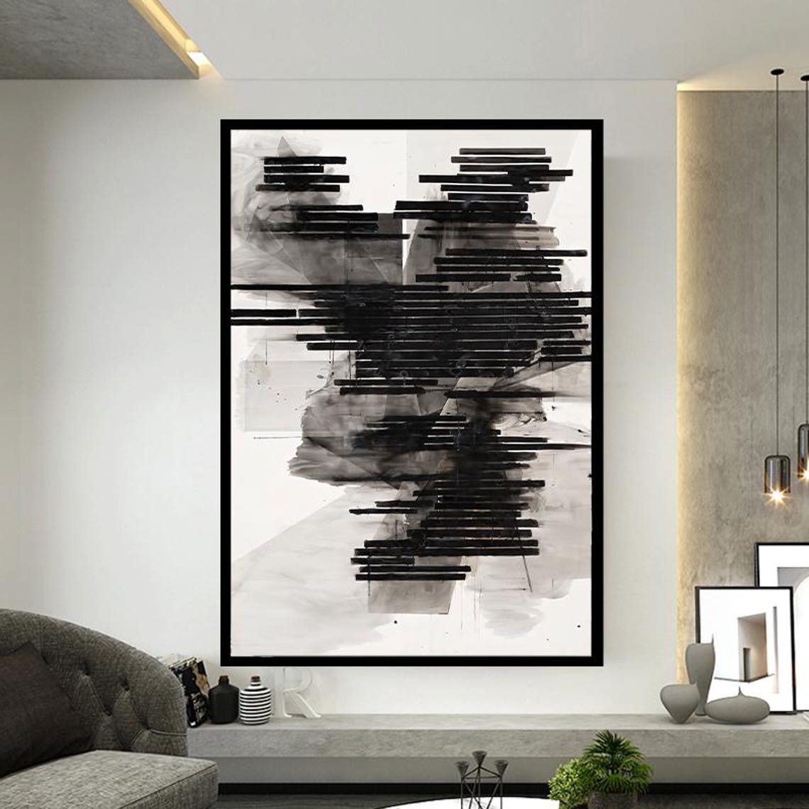 Black and White Horizontal Brushstroke Bars Abstract Art Poster