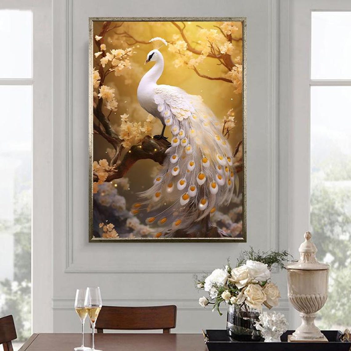 Elegant White Peacock On Golden Blossom Branch Floral Bird Poster