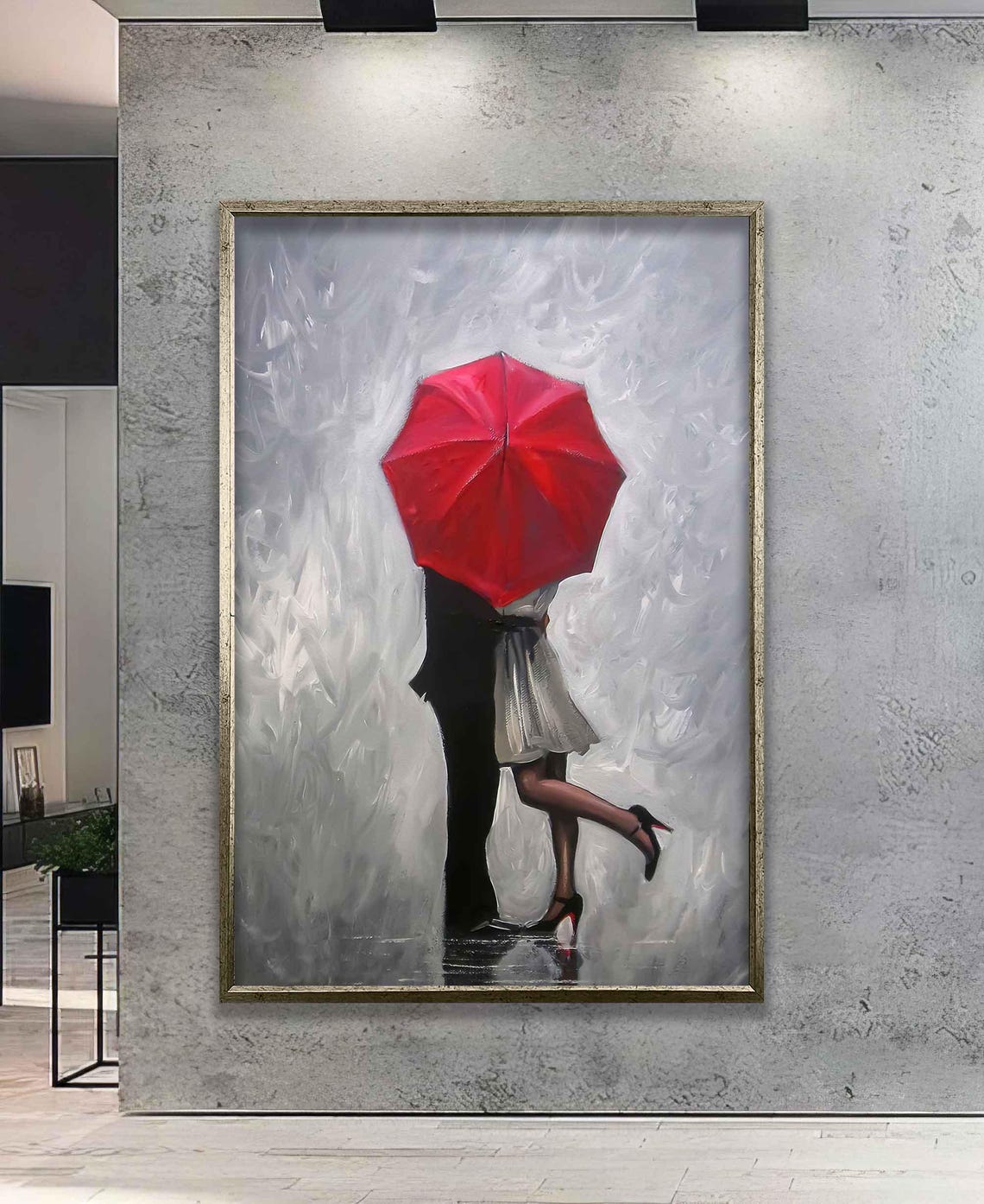 Red Umbrella Couple in the Rain Romantic Love Painting Poster - Image 4