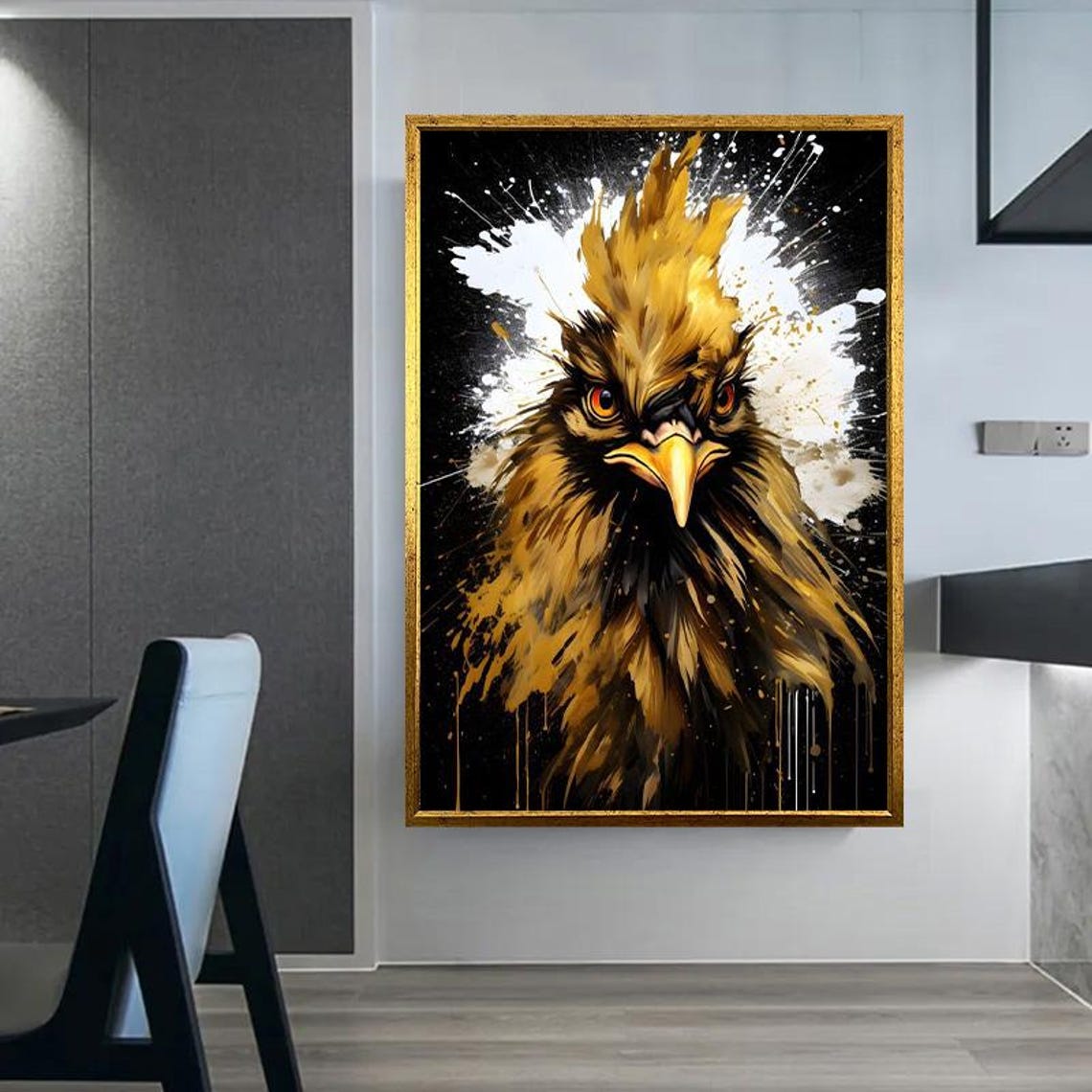 Golden Rooster Close-Up Portrait on Black Paint Splatter Art Poster - Image 5