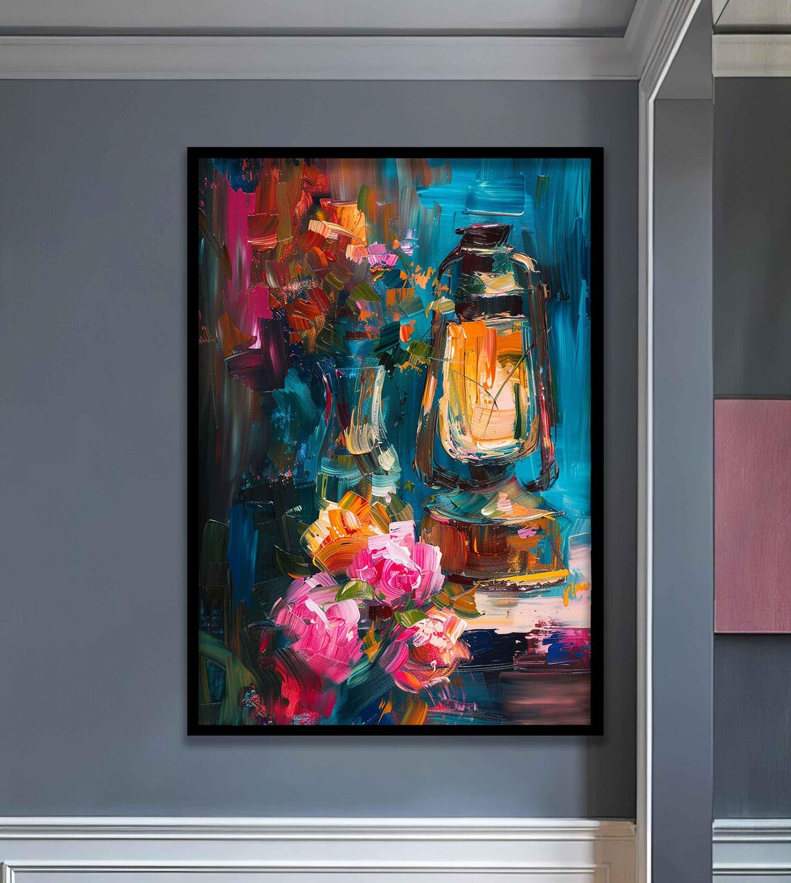 Glowing Vintage Oil Lantern With Pink Flowers Impasto Art Poster - Image 3