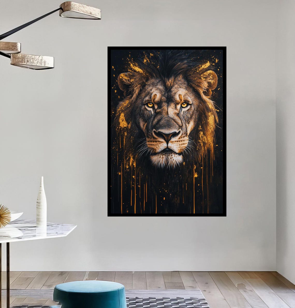 Striking Lion Face With Molten Gold Paint Drips on Black Poster - Image 3