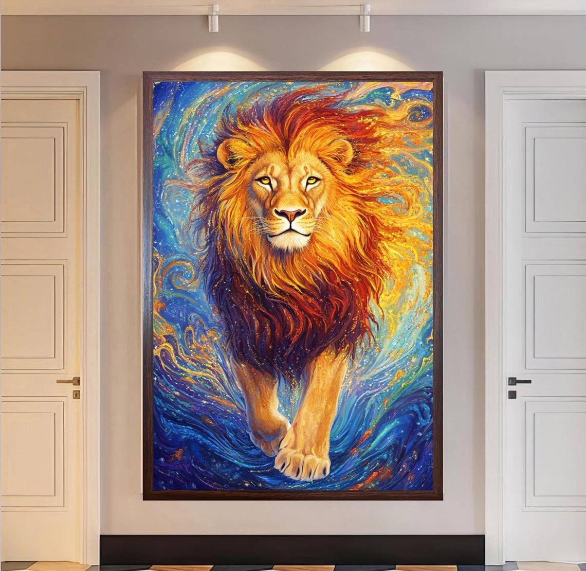 Lion Striding Forward From Swirling Blue and Gold Waves Art Poster - Image 3