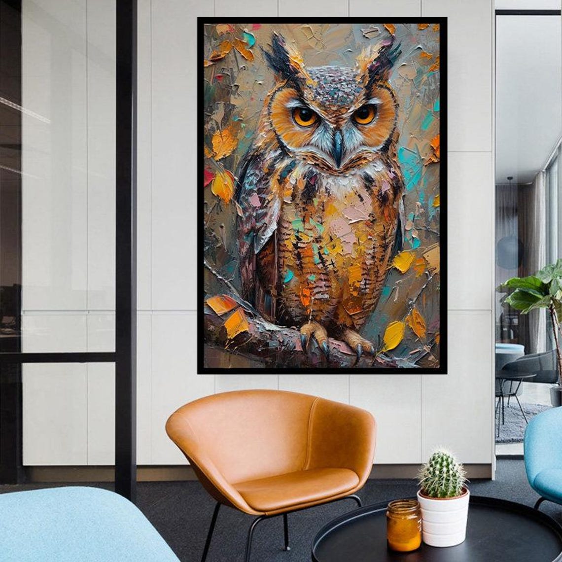 Impasto Owl Among Autumn Leaves Textured Oil Painting Bird Poster - Image 3
