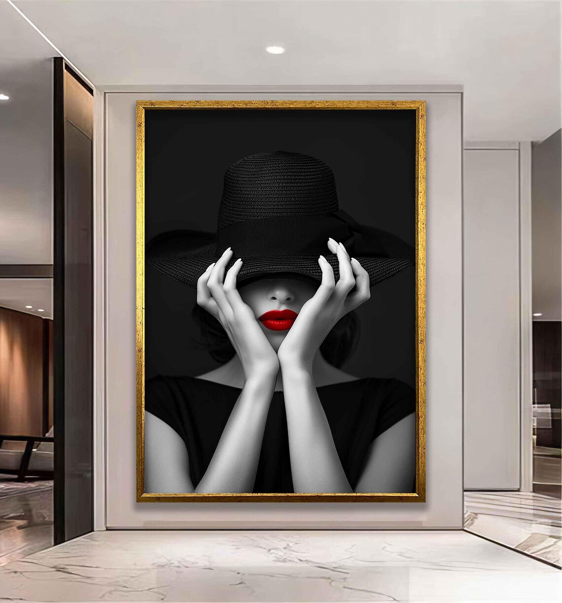 Mysterious Woman in Black Hat with Red Lips Fashion Art Poster - Image 2
