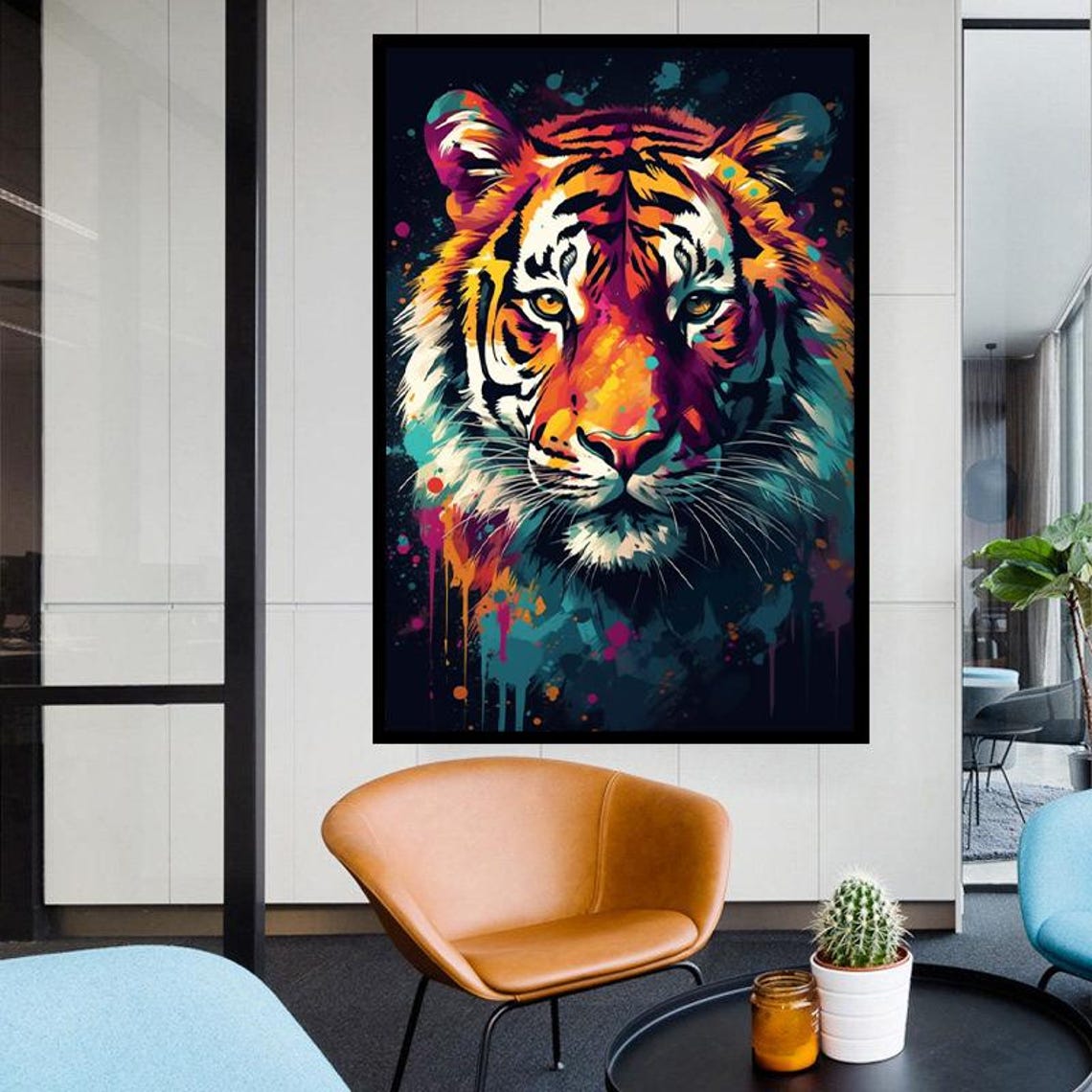 Vibrant Pop Art Tiger Face Portrait On Black Background Wall Poster - Image 3