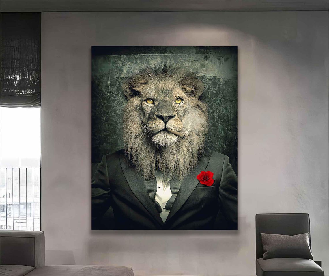 Gangster Lion In Tuxedo With Cigar Red Rose Funny Office Wall Art - Image 5