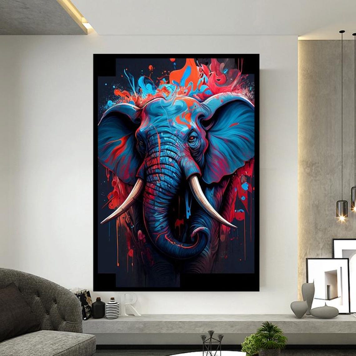 Blue Elephant Head With Red Paint Splashes Abstract Art Poster - Image 2