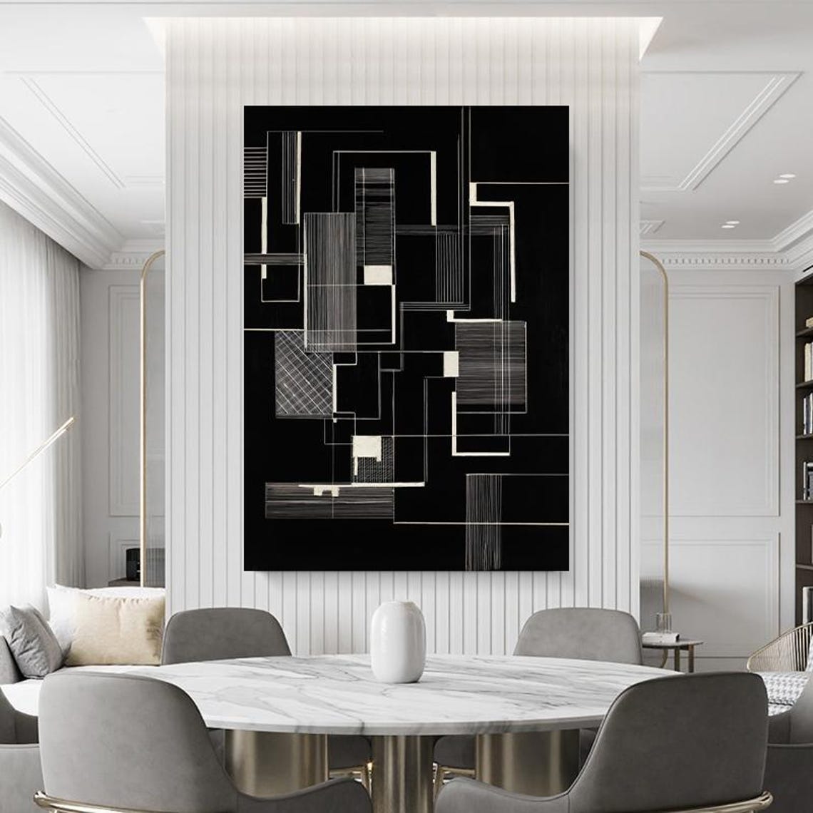 White Architectural Line Drawing on Black Geometric Art Poster - Image 4