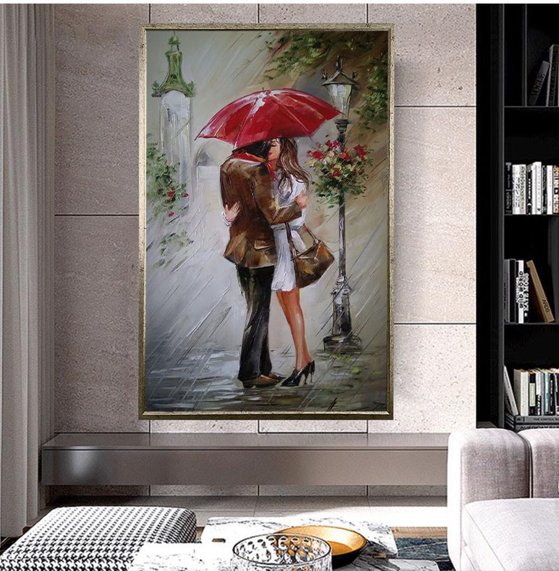 Romantic Couple Kissing Under A Red Umbrella In The Rain Poster - Image 5