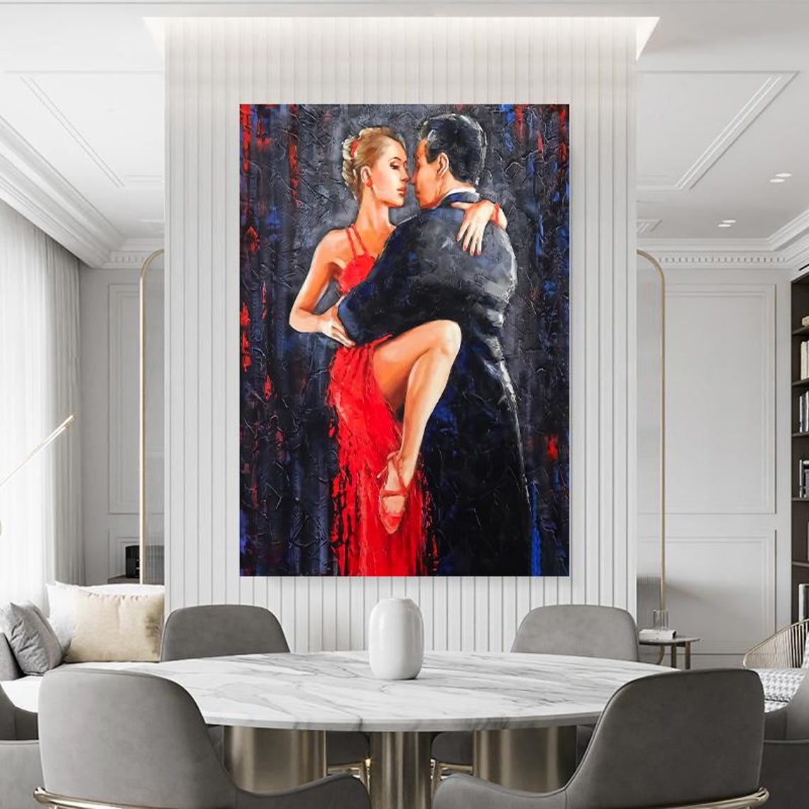 Passionate Tango Lift in Flowing Red Gown Romantic Dance Art Poster - Image 3