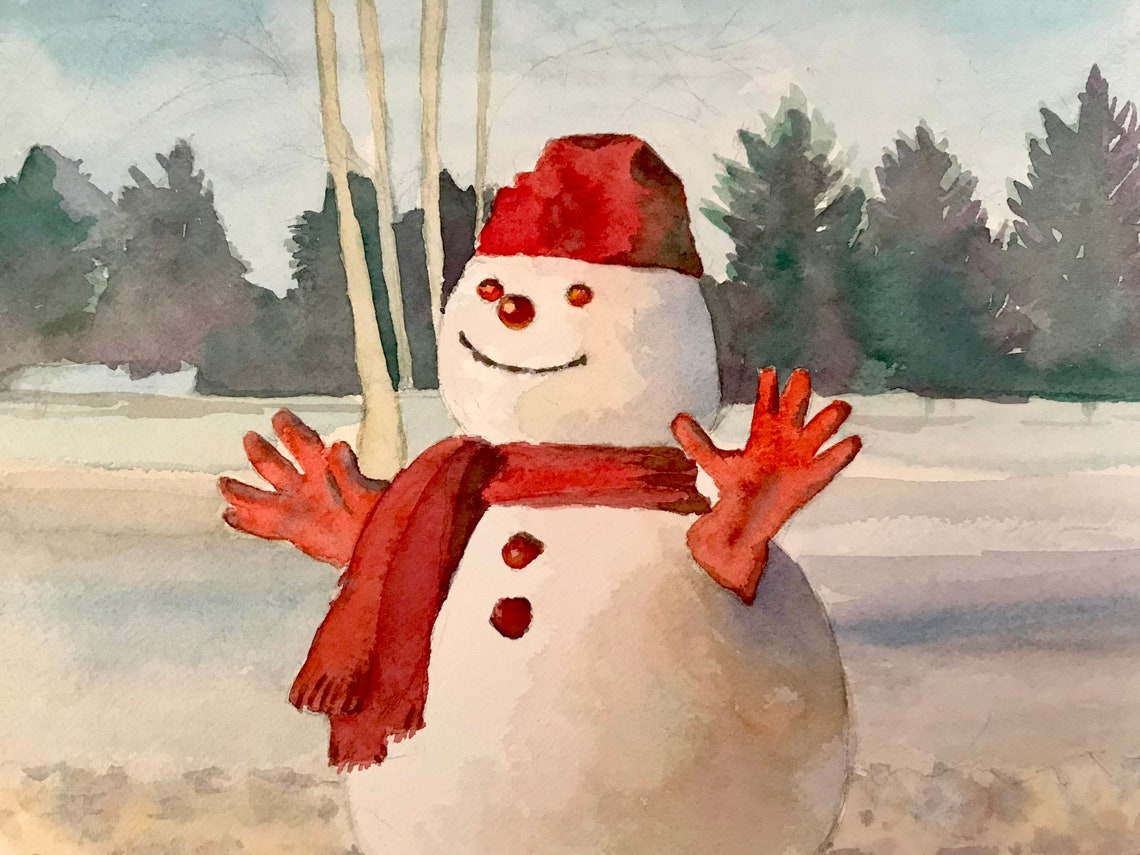Cheerful Snowman Waving in Red Hat and Scarf Winter Scene Poster