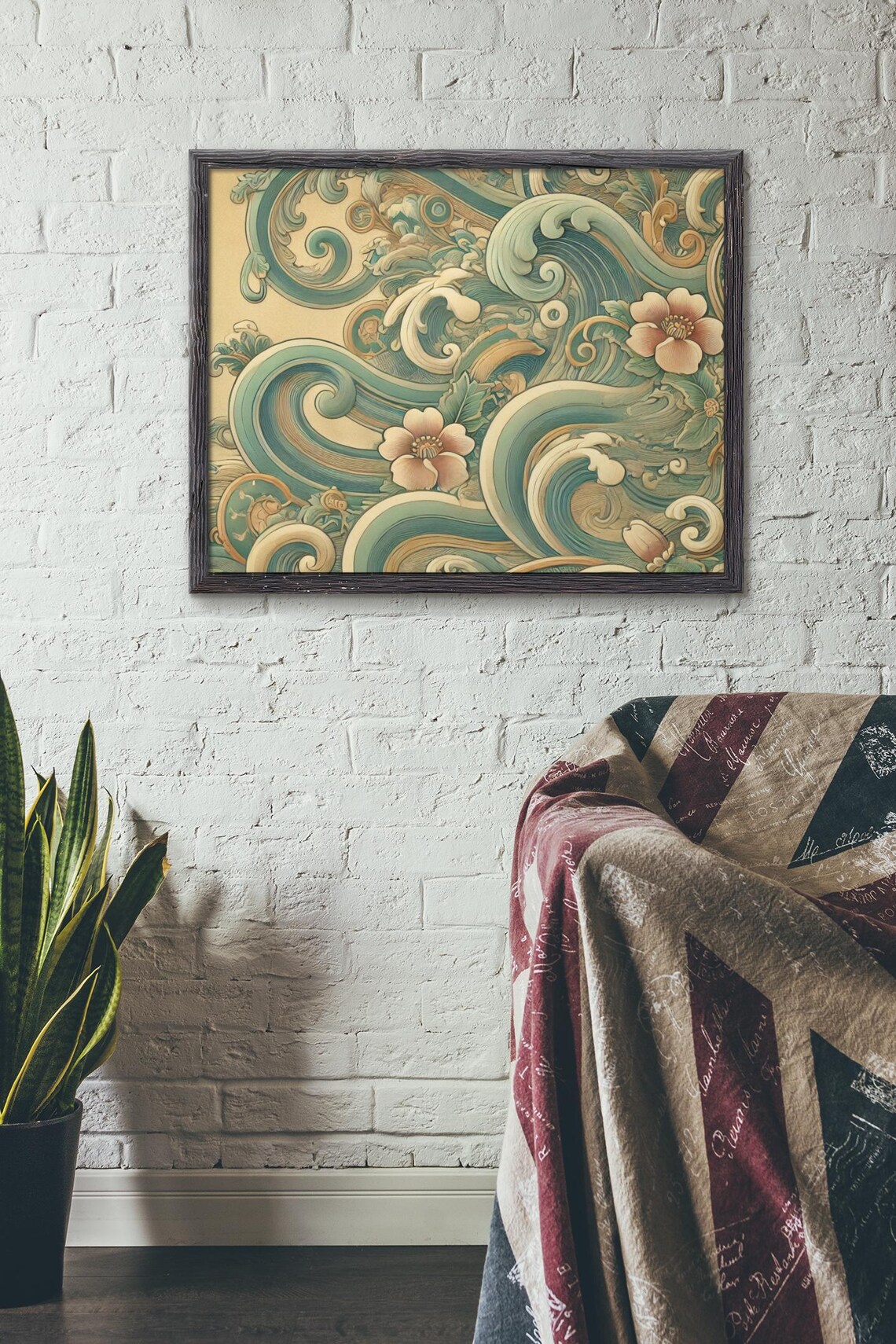 Floral Ocean Wave, Japanese Inspired Line Art - Image 2