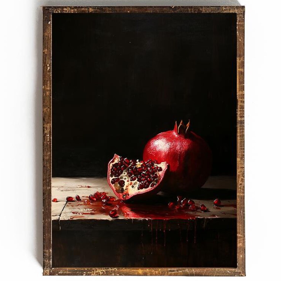 Whole Pomegranate with Dripping Juice on a Dark Wooden Table Poster