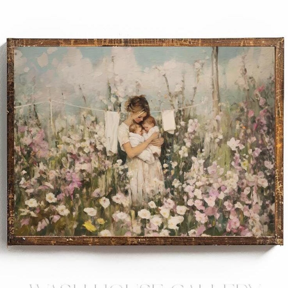 Twin Motherhood Flower Garden Painting Soft Mother And Baby Poster