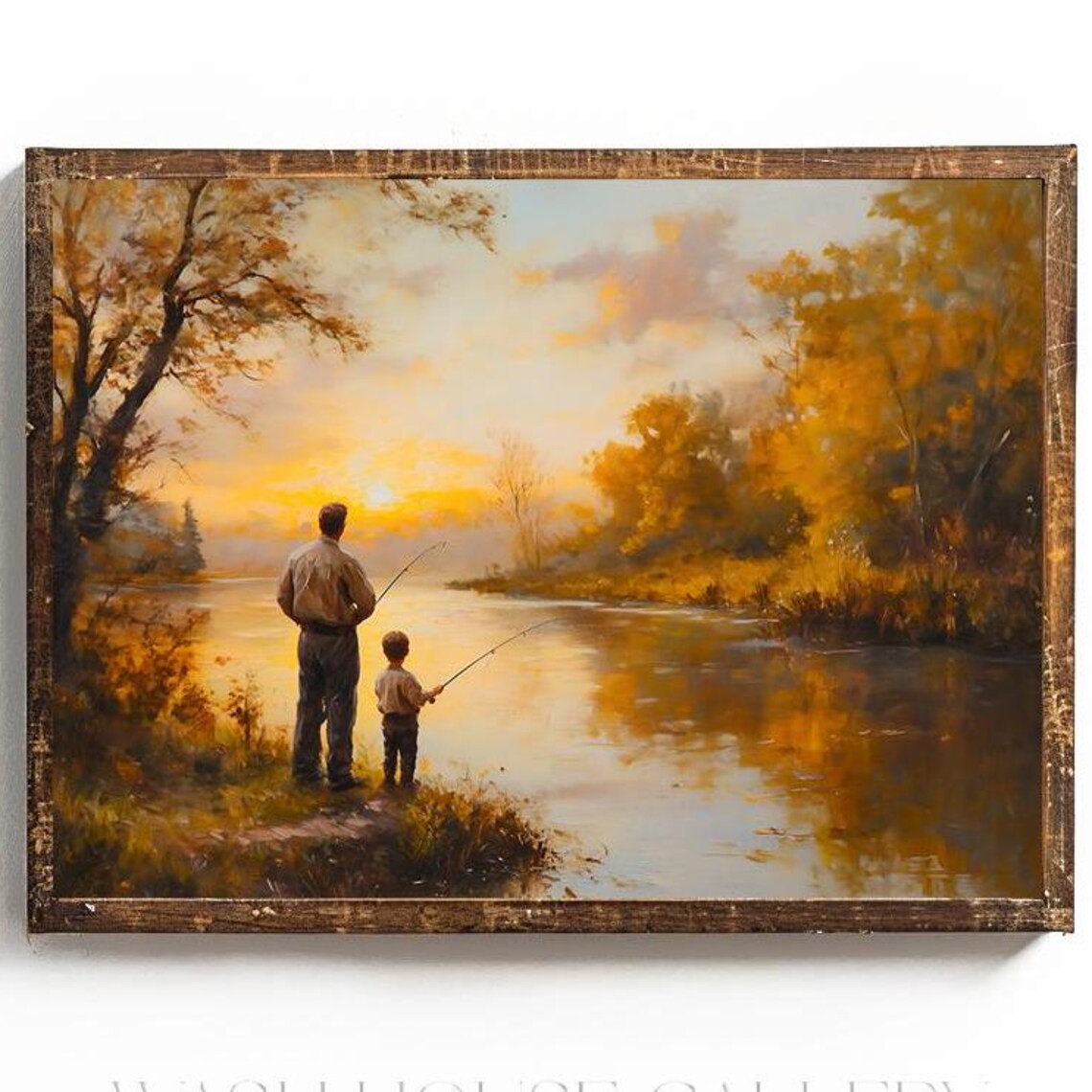Father And Son Fishing Together At Sunset Lake Painting Poster