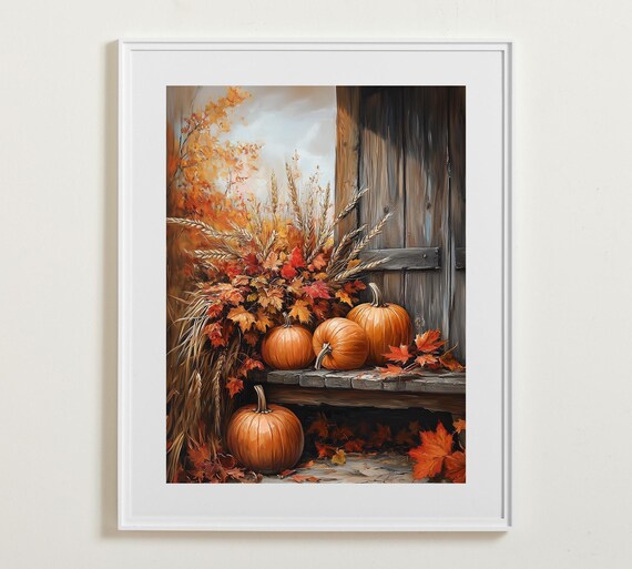 Rustic Fall Harvest Pumpkins Barn Bench Wheat Maple Leaves Country Art Poster