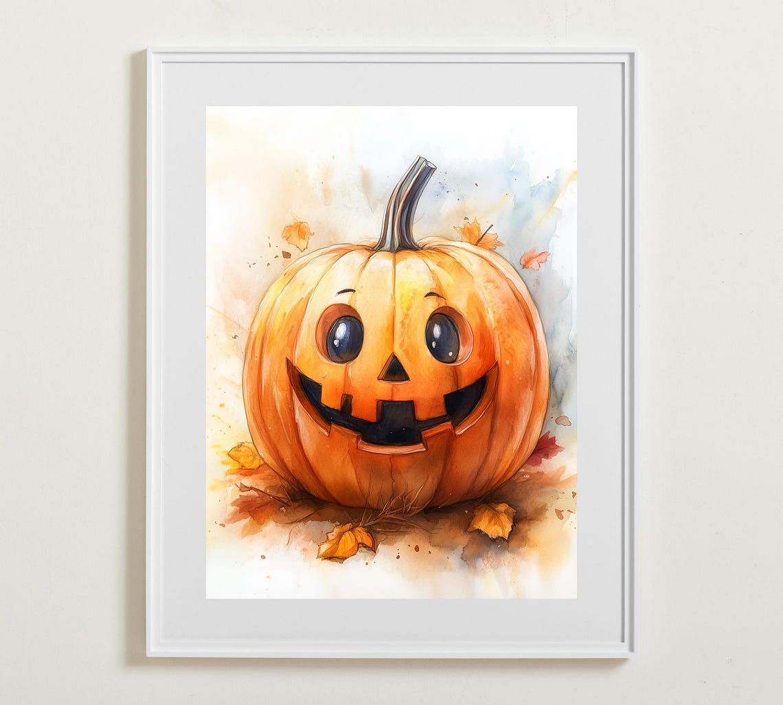 Cute Halloween Pumpkin Watercolor Smiling Jack Lantern Poster