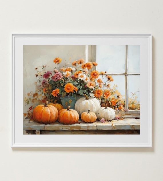 Orange And White Pumpkins With Marigolds On A Rustic Windowsill Poster