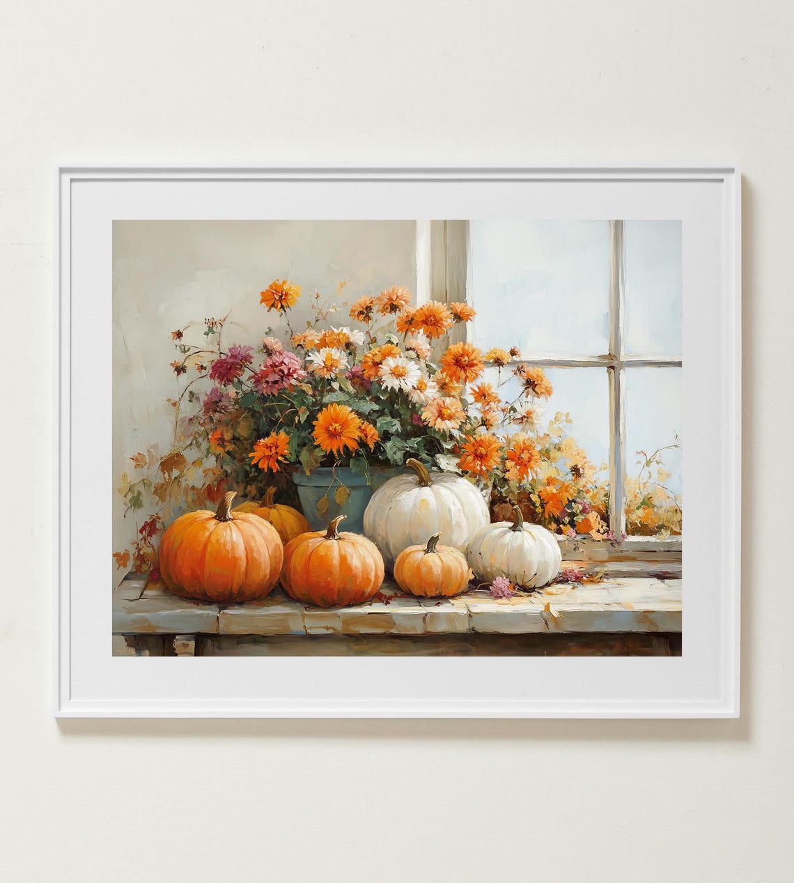 Orange And White Pumpkins With Marigolds On A Rustic Windowsill Poster