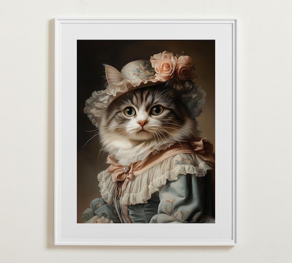 Royal Cat Princess Portrait Victorian Gown Floral Hat Old Master Pet Poster