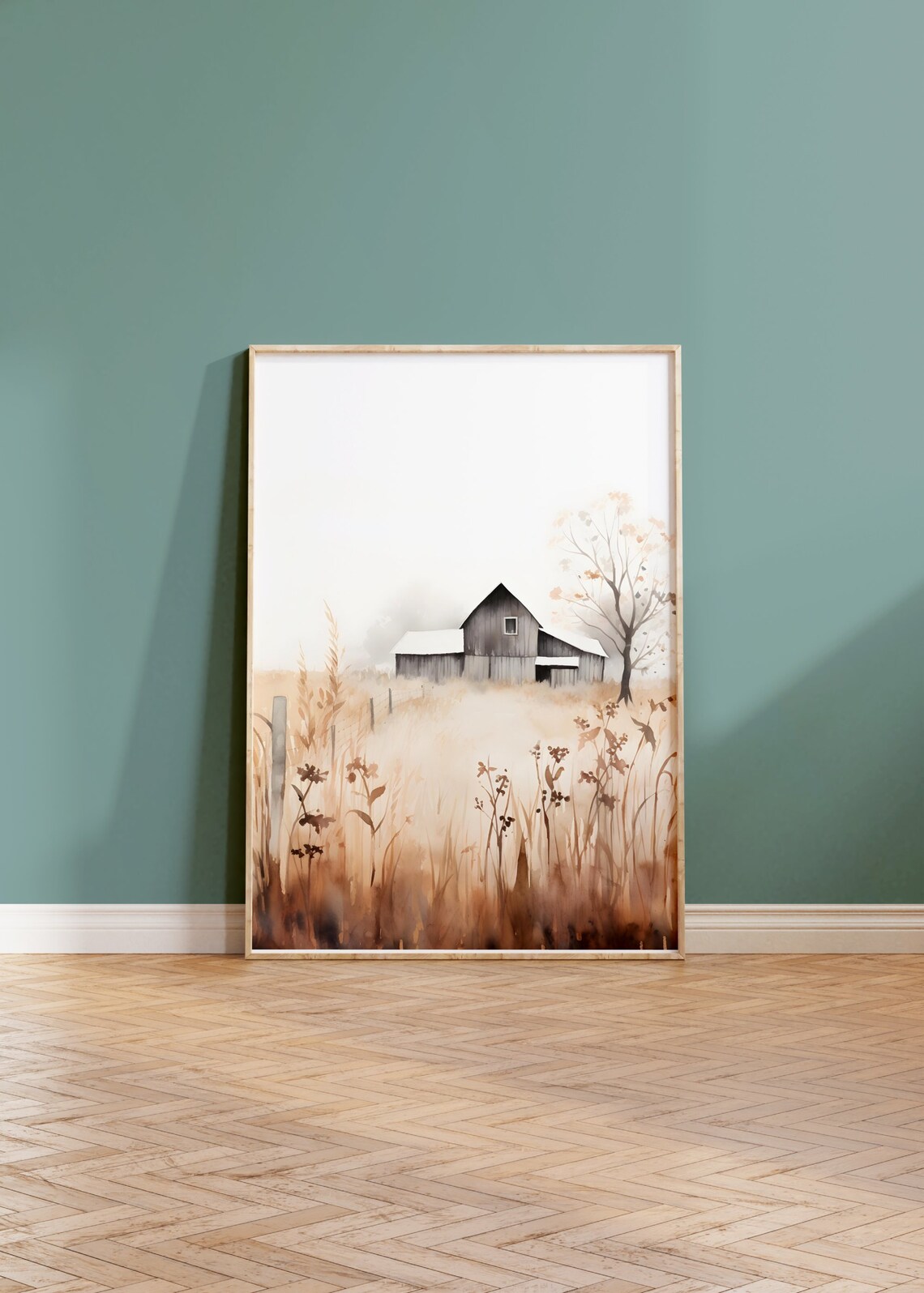 Earth Tone Watercolor Farmhouse Field Landscape Art Print
