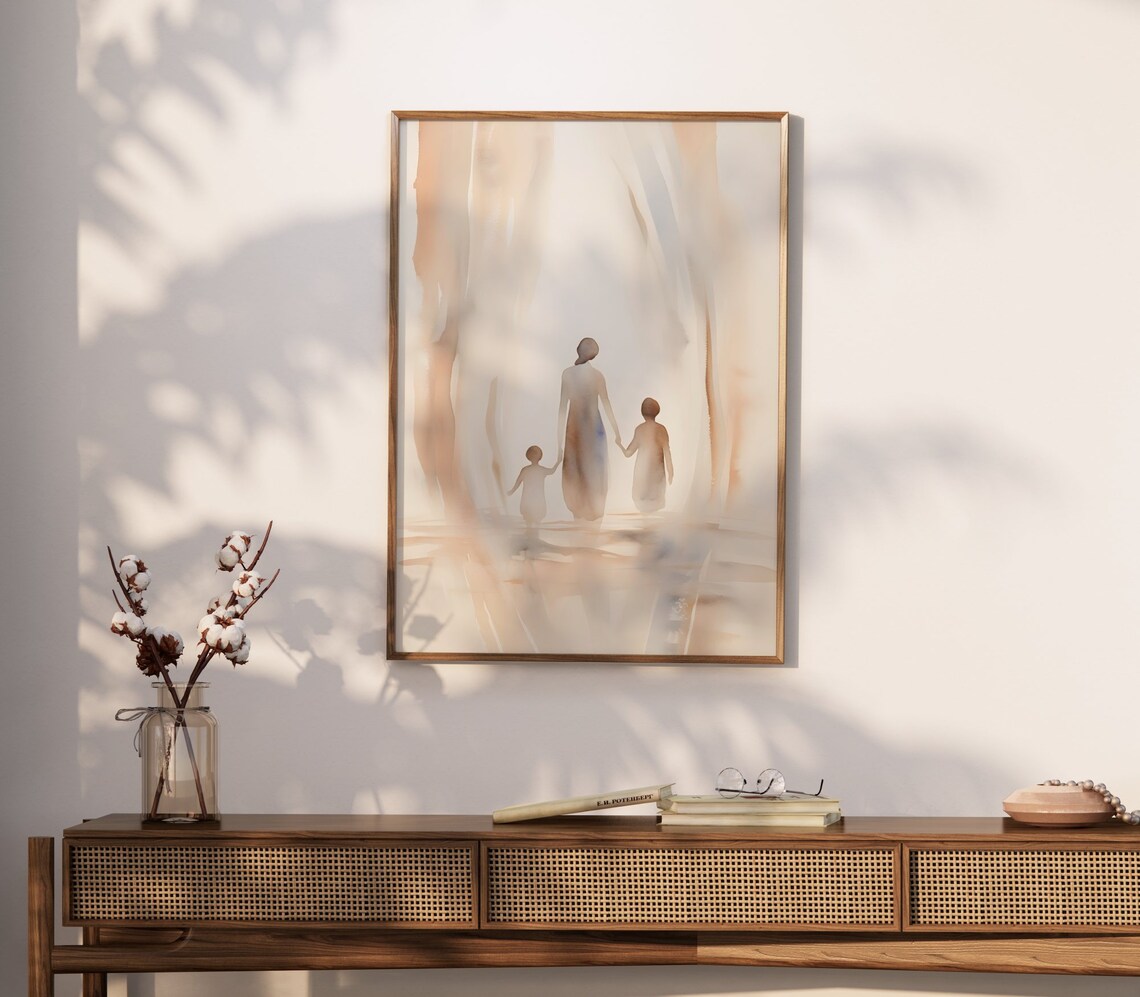 Framed Mother Walking with Two Children Watercolor Art Poster - Image 2