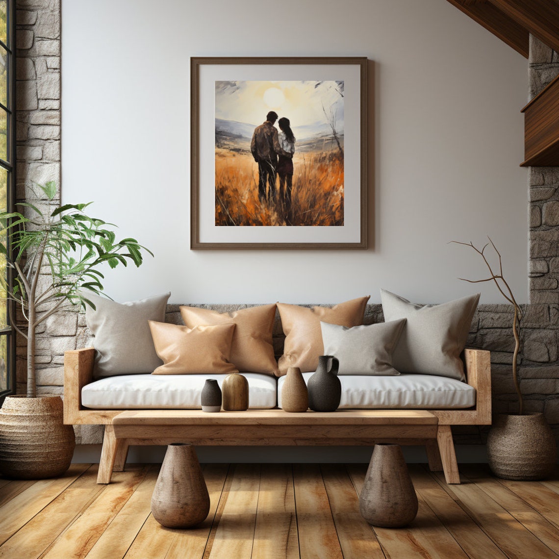 Romantic Couple Embracing in Golden Field at Sunset Art Poster - Image 3