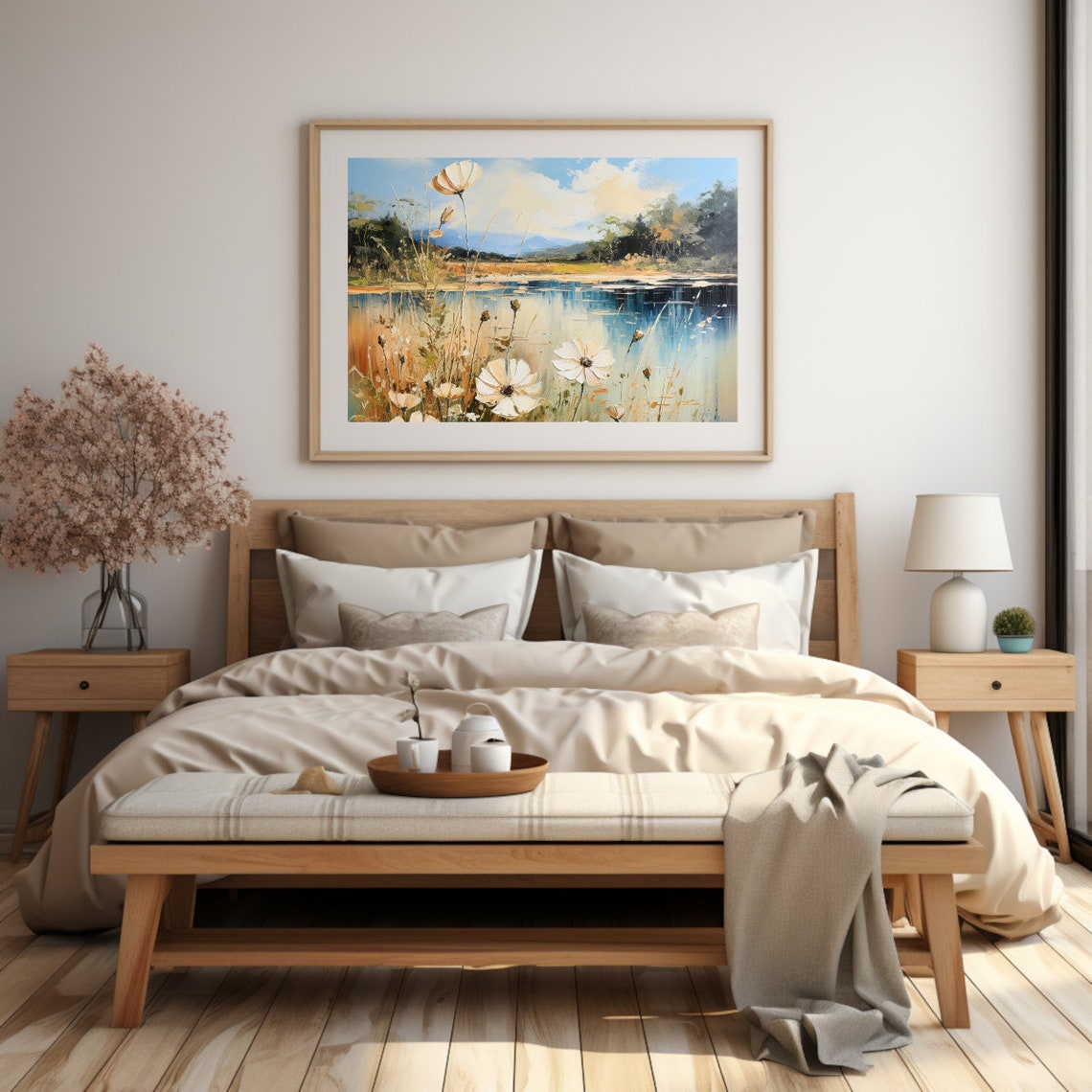 White Cosmos Flowers by the Lake with Mountains Landscape Poster - Image 4